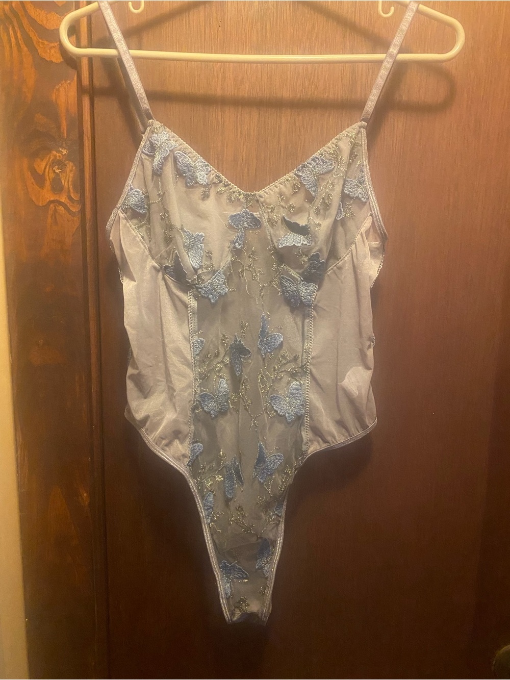 Delicate Lace Applique Thong Bodysuit in gray
